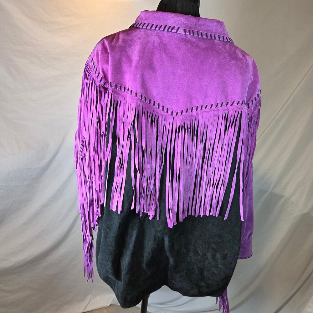 Bob Mackie Wearable Art 2X Leather Fringe Western Jacket Purple Black - Picture 5 of 16